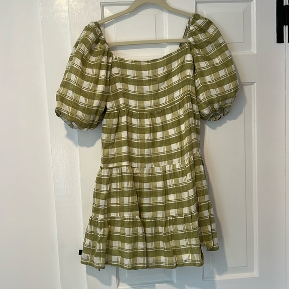 Faithfull the Brand Leilani Shirred Checked Linen Mini Dress, Sage Green, SM - Picture 4 of 7